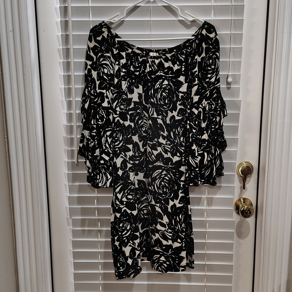 Uncle Frank Floral Mini Dress Women S Black White Ruffle Bell Sleeve Whimsigoth - Picture 1 of 5